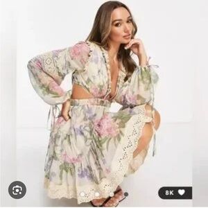 asos design Ruffle Long Sleeve lace mini Dress with cutouts - designer-inspired